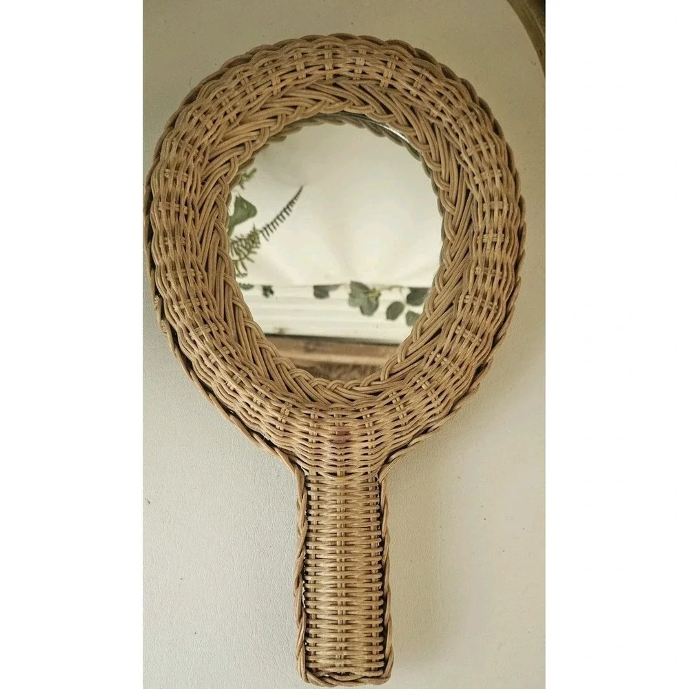 Wicker Rattan Hand Held Mirror Two Sided Vintage 1970's Woven/Braided